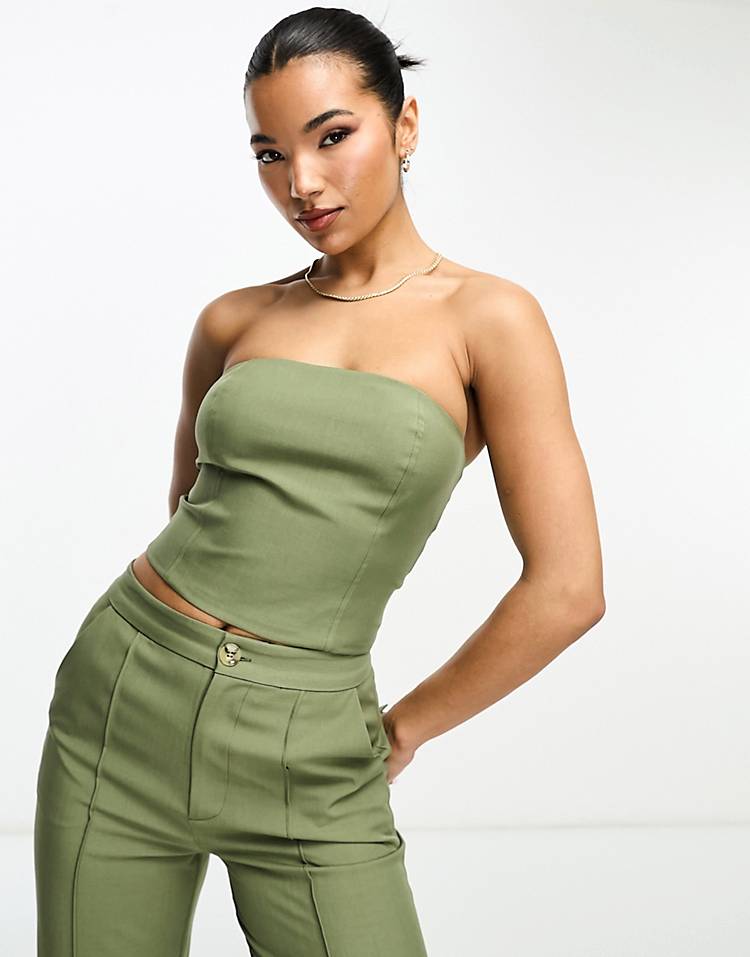 Aria Cove zip detail corset top and tailored pants set in olive